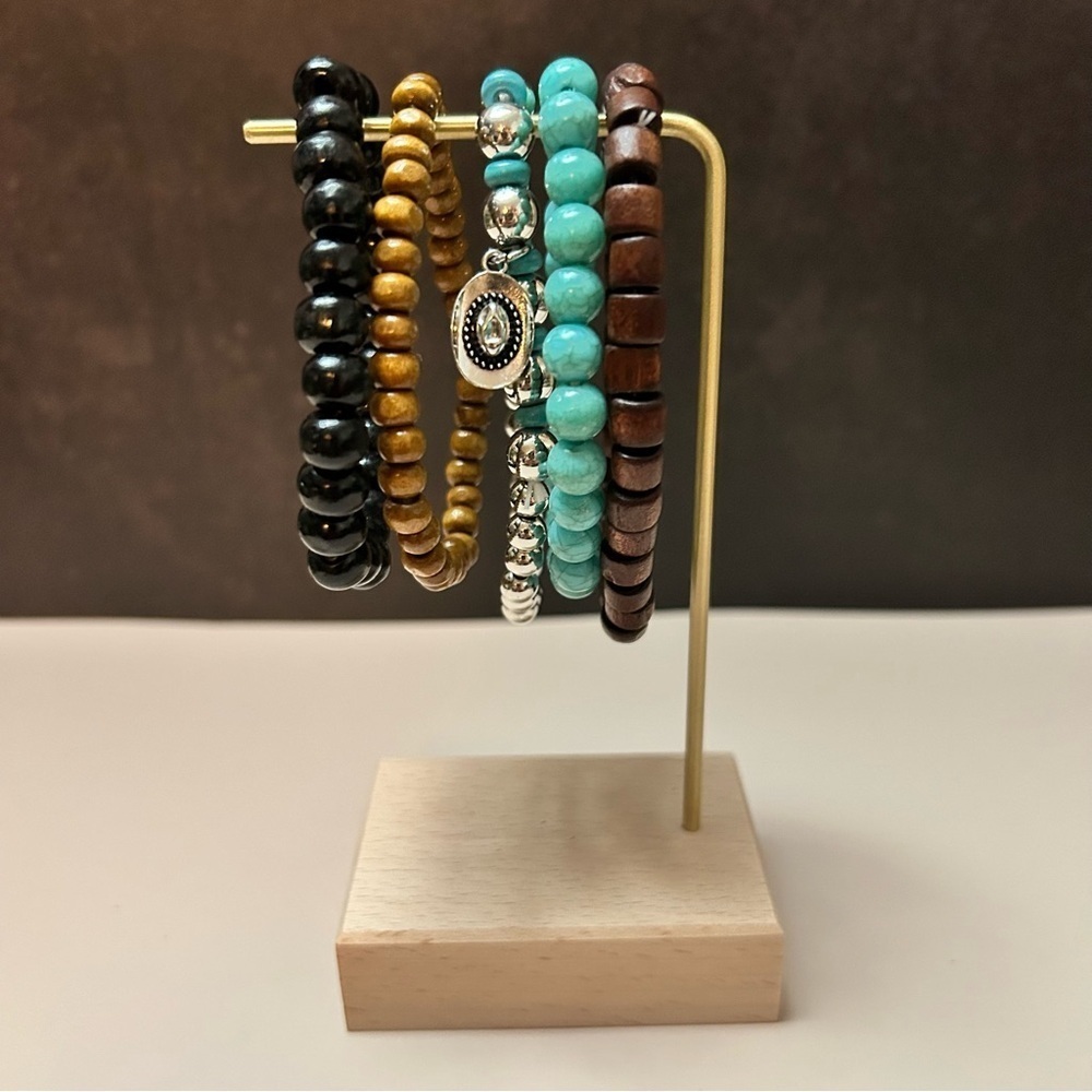 5 Piece Turquoise Brown Silver Beaded Bracelet Set